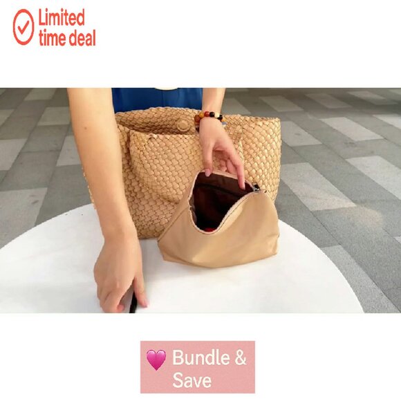 Woven Vegan Leather Tote Bag with Zippered Pouch, Large Capacity - Picture 8 of 8